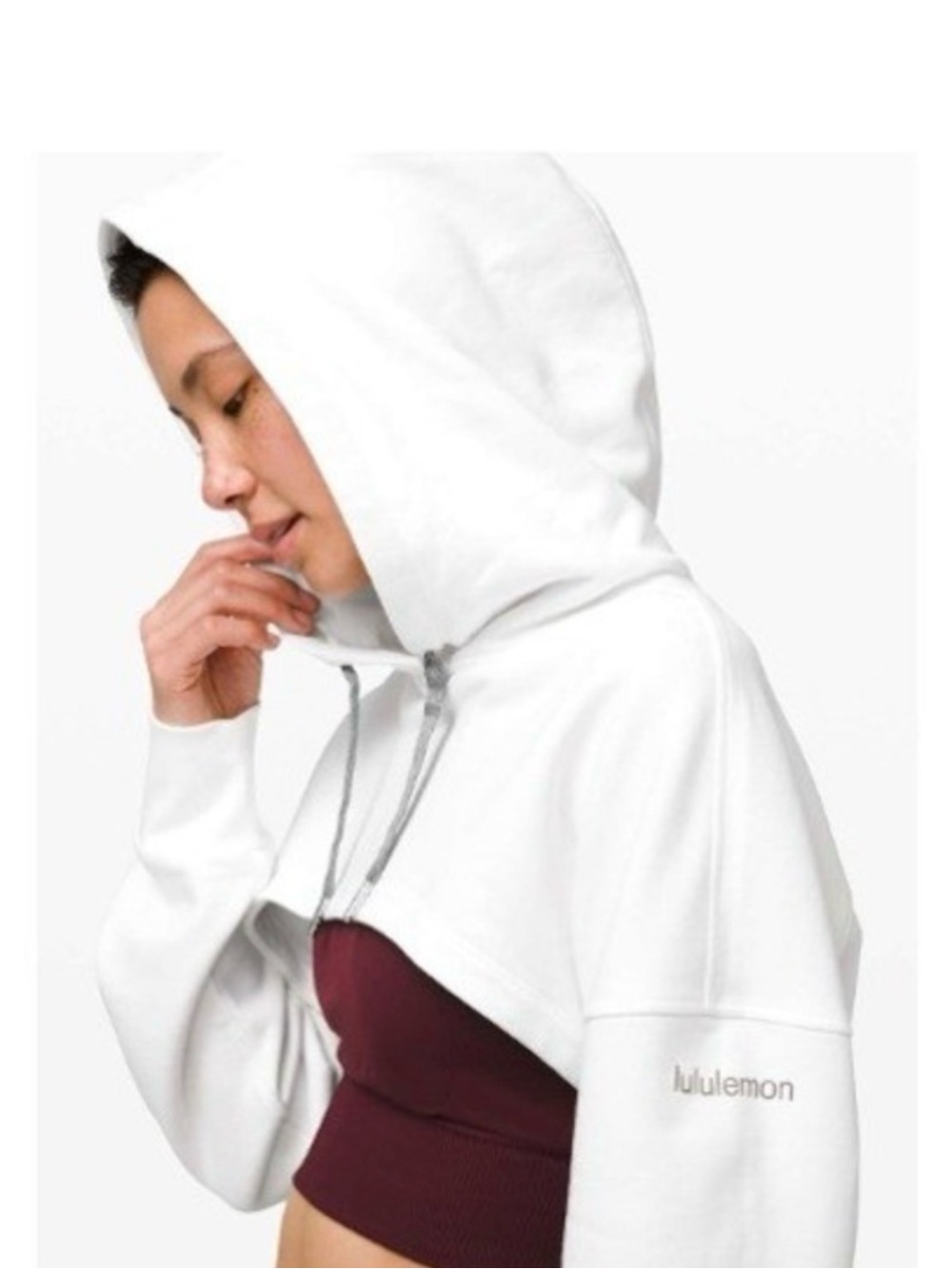 lululemon athletica White Cropped Hoodie with Burgundy Bralette Overlay